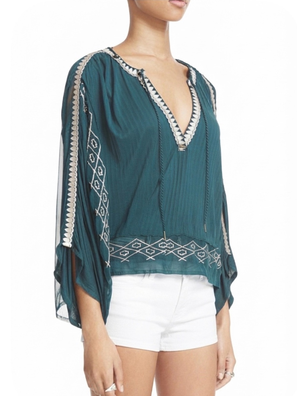 Free People - Women’s Eden Embroidered Peasant blouse sheer relaxed Top teal XS